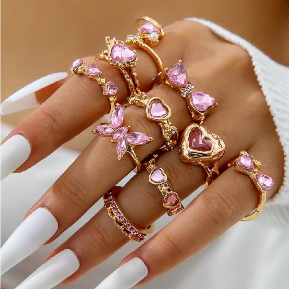 Set of 10 Pink and Gold Heart Rings